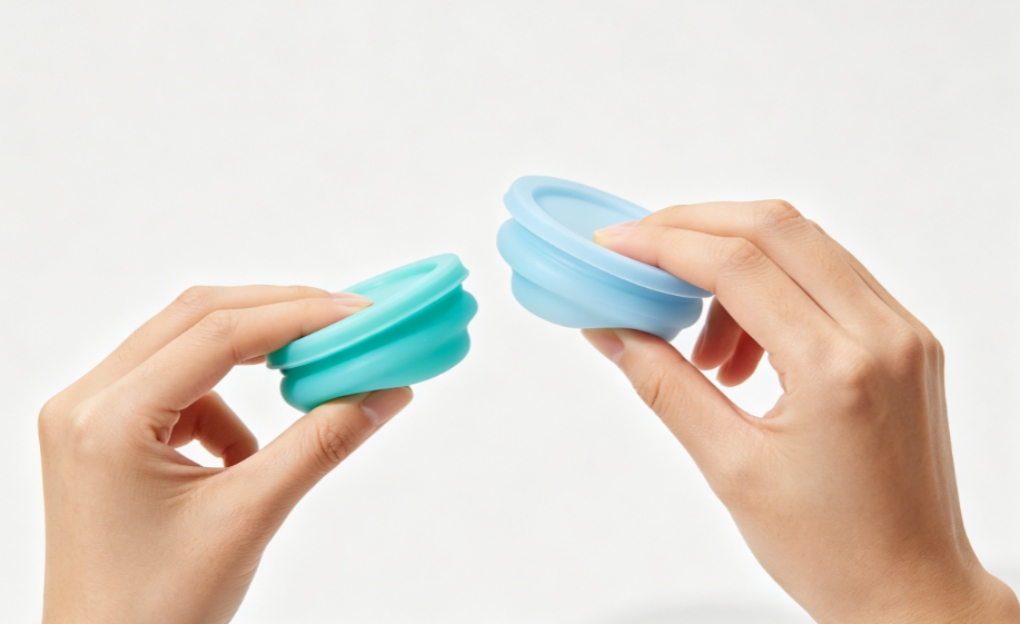 A person testing the flexibility of two different silicone can lids