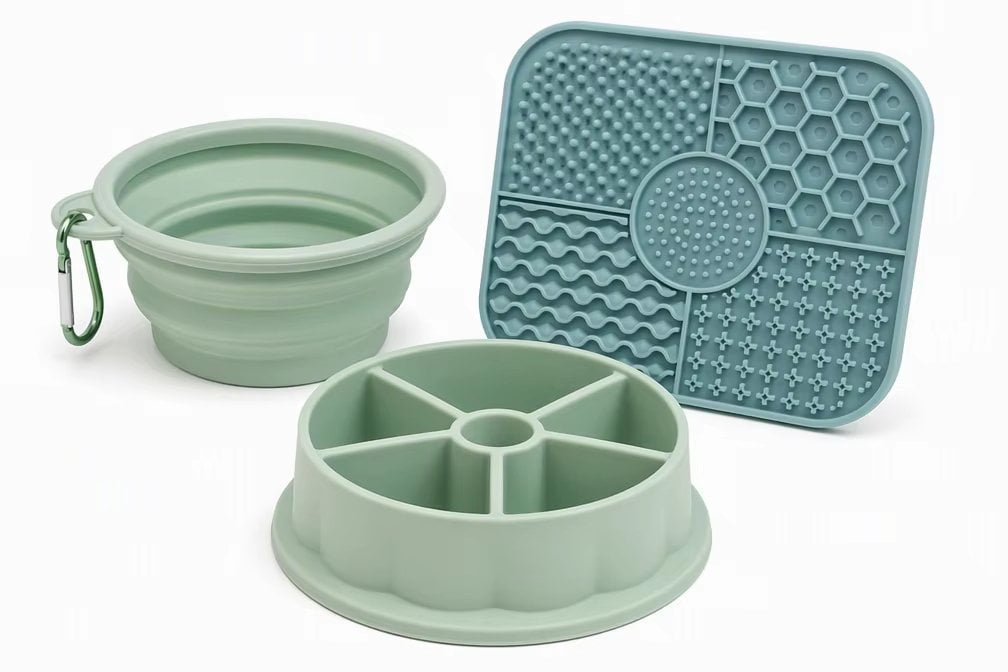 Foldable silicone pet bowls and feeding accessories